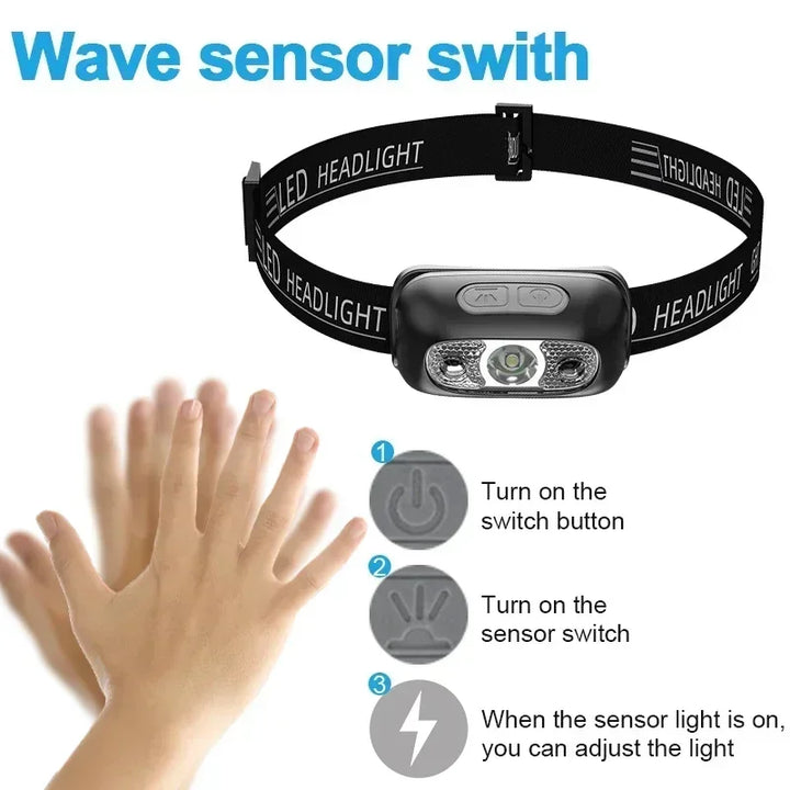 Linterna frontal portátil con Sensor LED recargable para acampar al aire libre y pesca - MAGICAL OUTDOOR