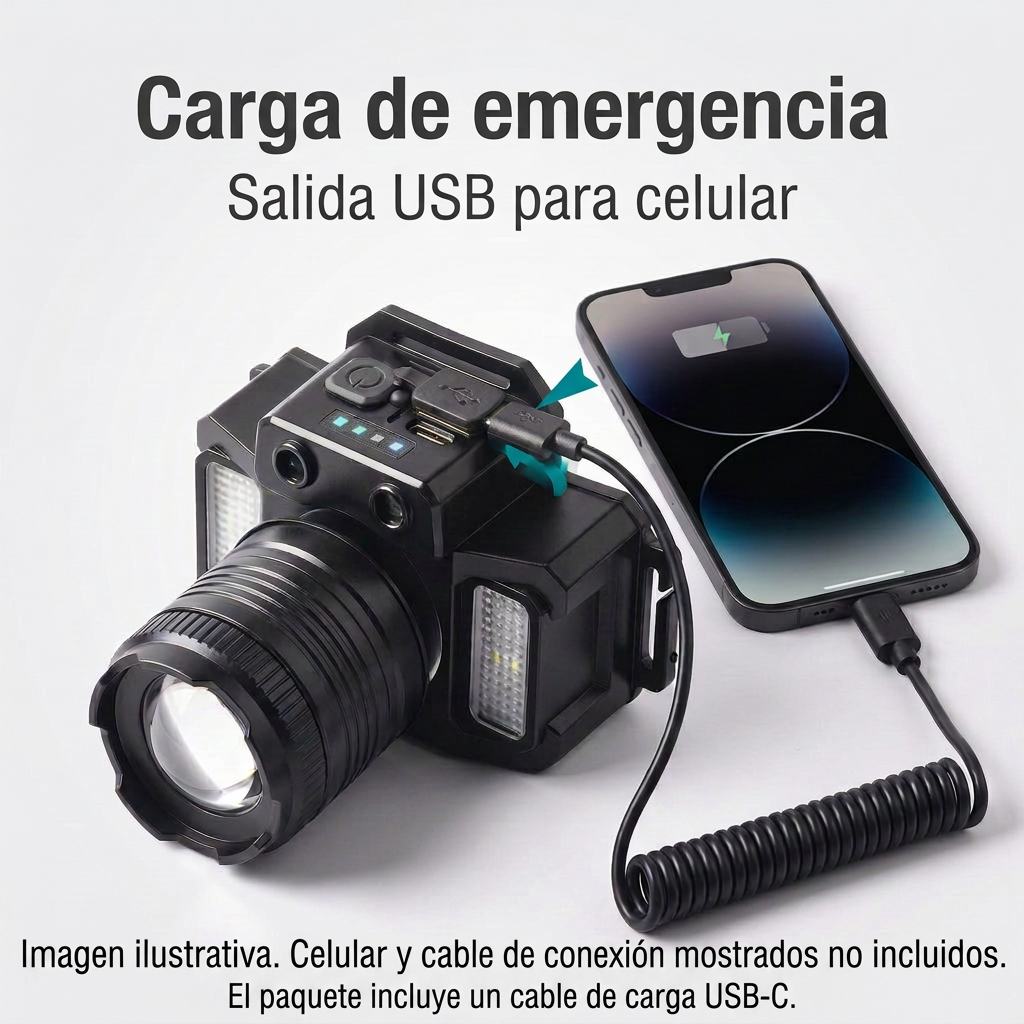 Carga de emergencia ilustrativa: celular y cable de conexión mostrados no incluidos; el paquete incluye un cable de carga USB-C