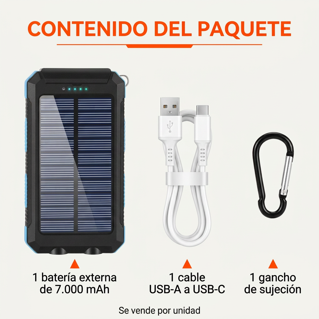 Contenido del paquete con cable blanco y colores de marca