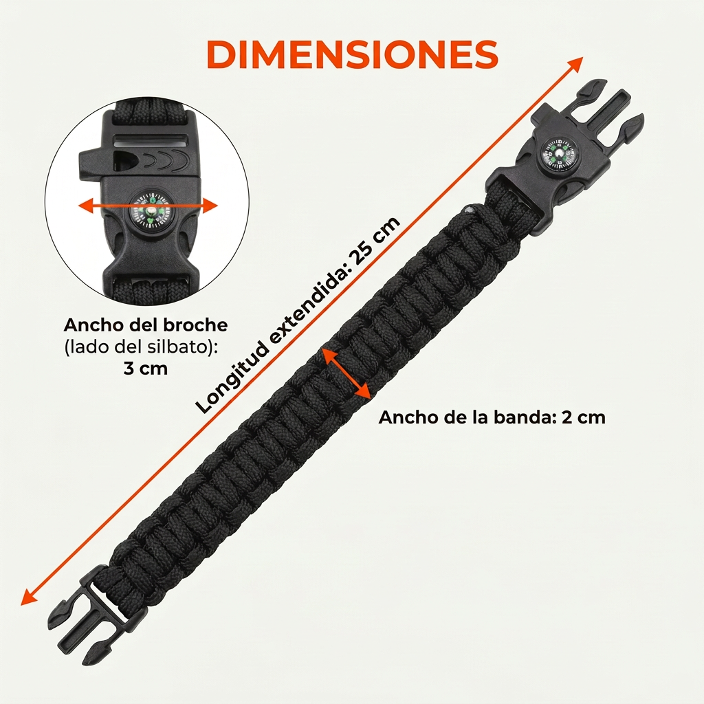 Pulsera paracord negra con brújula y silbato - MAGICAL OUTDOOR