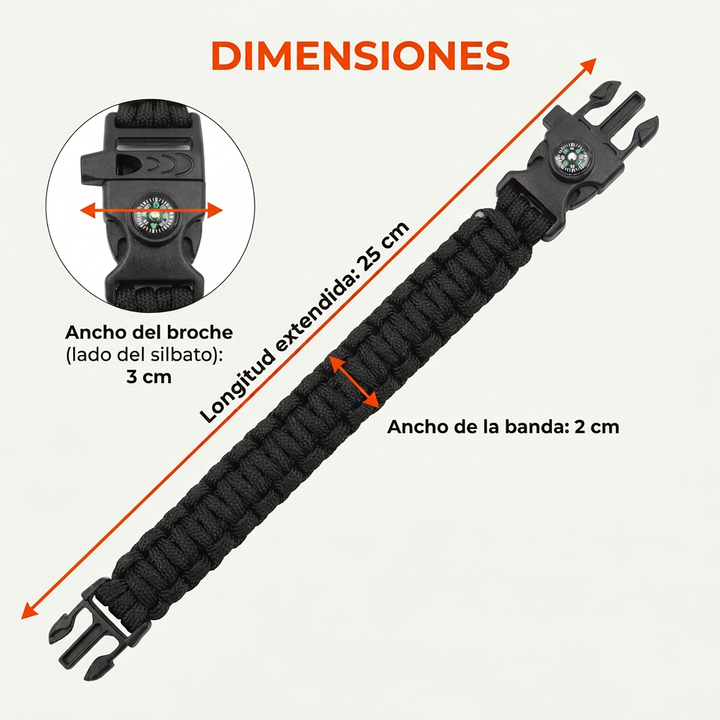 Pulsera paracord negra con brújula y silbato - MAGICAL OUTDOOR