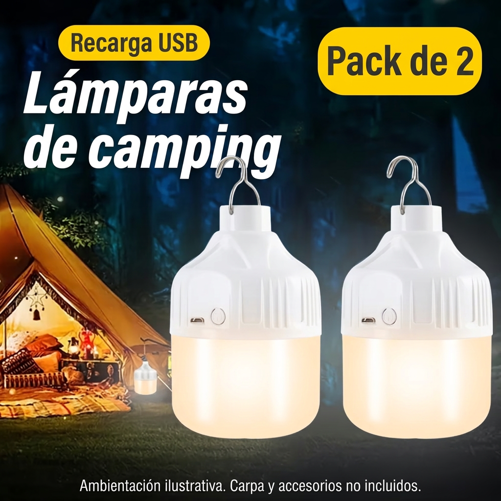 Imagen promocional en español del pack de dos lámparas recargables USB en ambiente de camping, ambientación no incluida