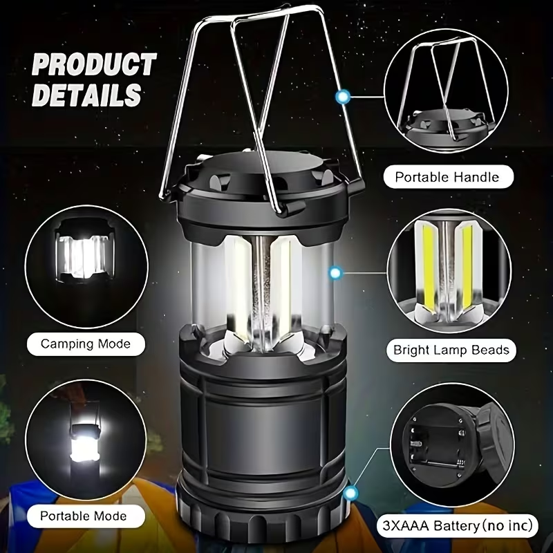 Detalles del farol LED COB con asas y compartimento para 3 pilas AAA no incluidas