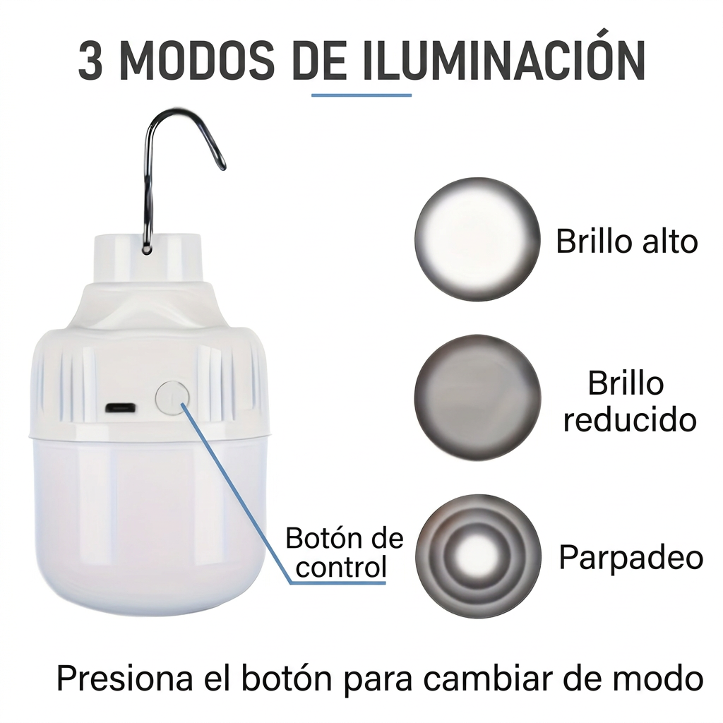 Tres modos de iluminación de la lámpara YT60S: brillo alto, brillo reducido y parpadeo, con botón de control