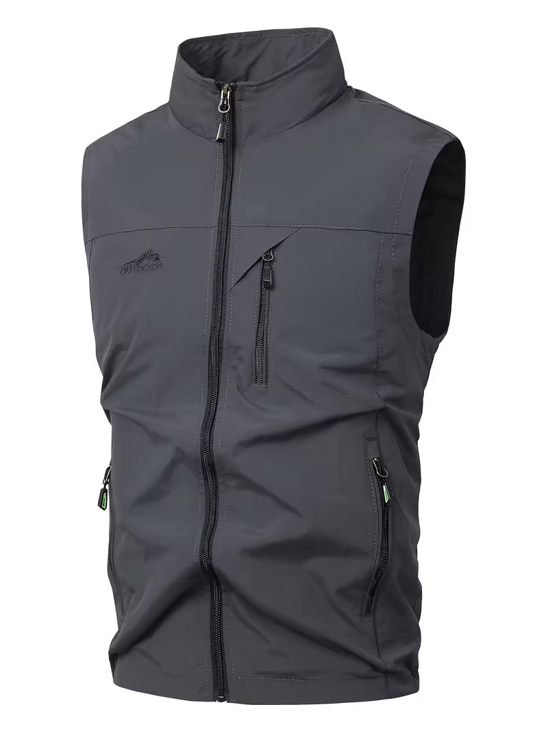Chaleco ligero para hombre gris oscuro, vista frontal sobre fondo blanco