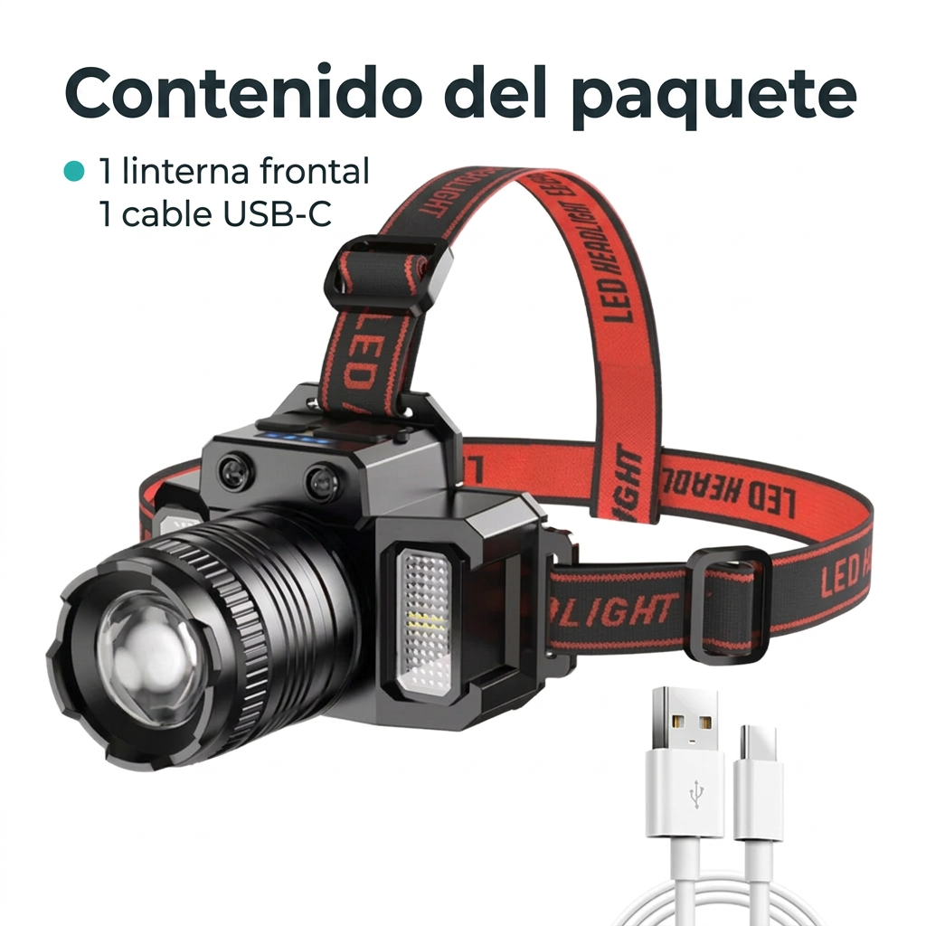 Contenido del paquete: una linterna frontal y un cable USB-C
