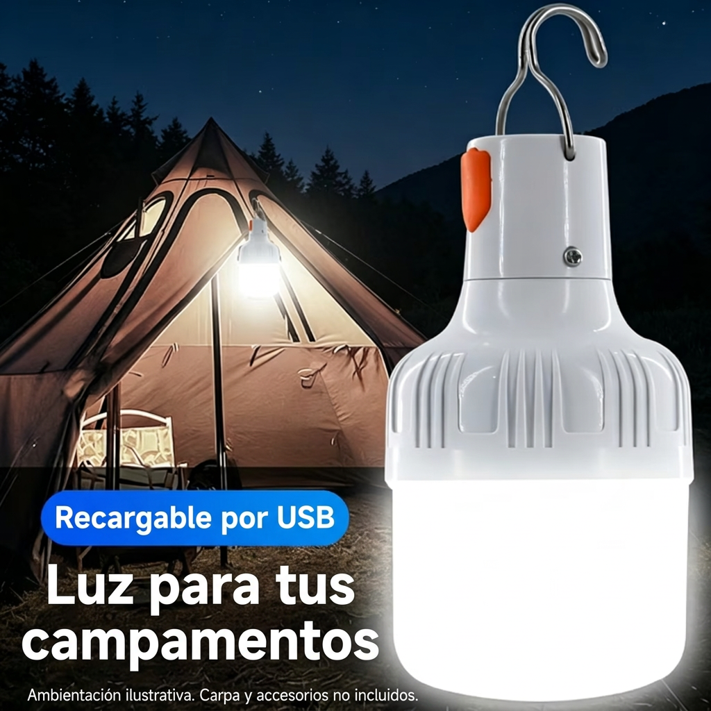 Lámpara LIHANGSTAR recargable por USB en ambientación ilustrativa de camping; carpa y accesorios no incluidos
