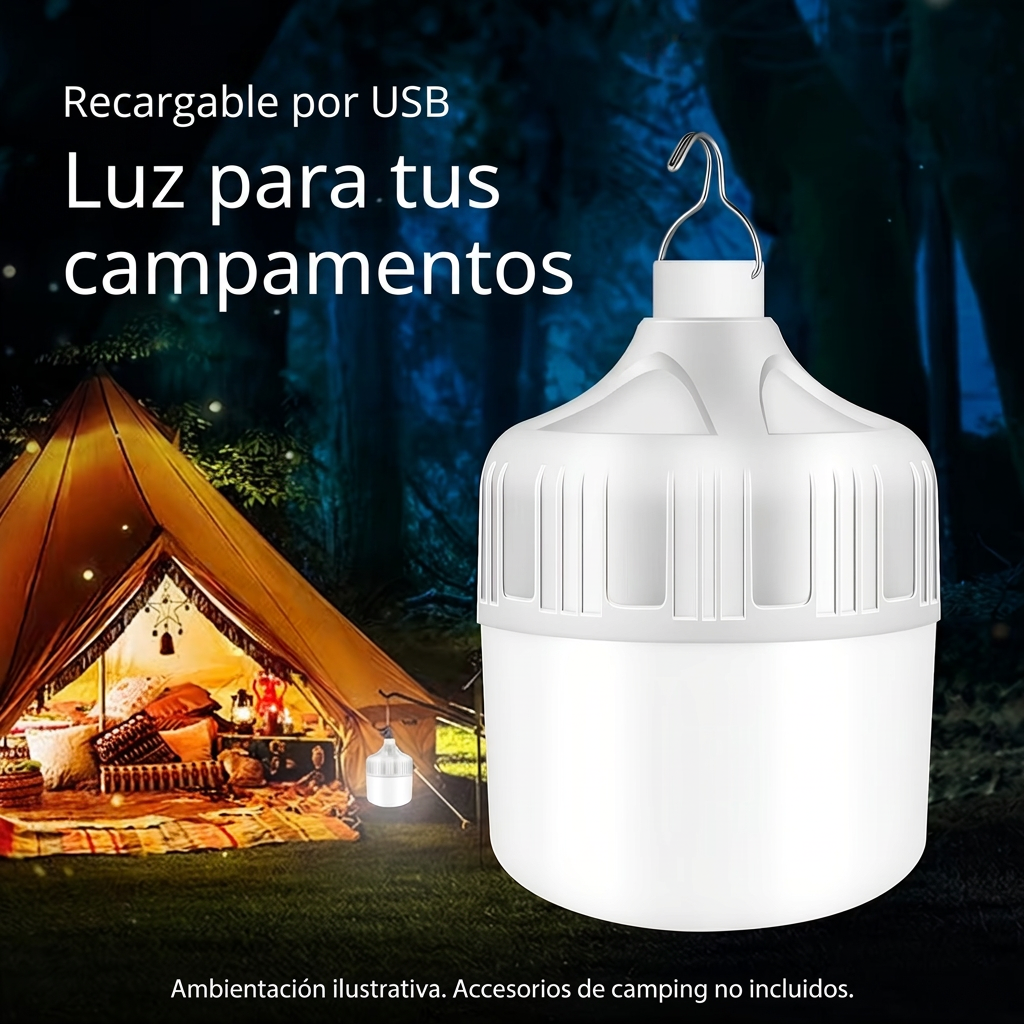 Lámpara recargable por USB en ambientación ilustrativa de camping, con textos en español; accesorios no incluidos