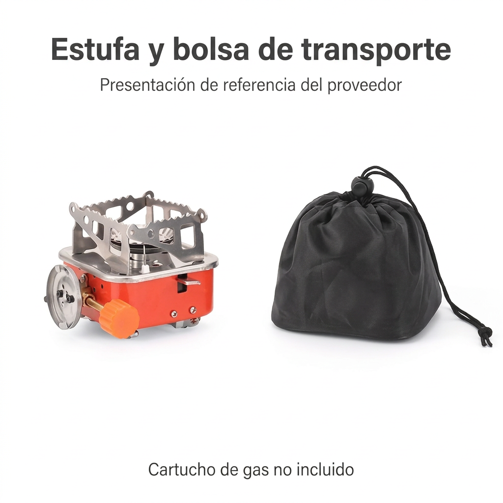 Presentación de referencia del proveedor con estufa plegada y bolsa negra de transporte; cartucho de gas no incluido