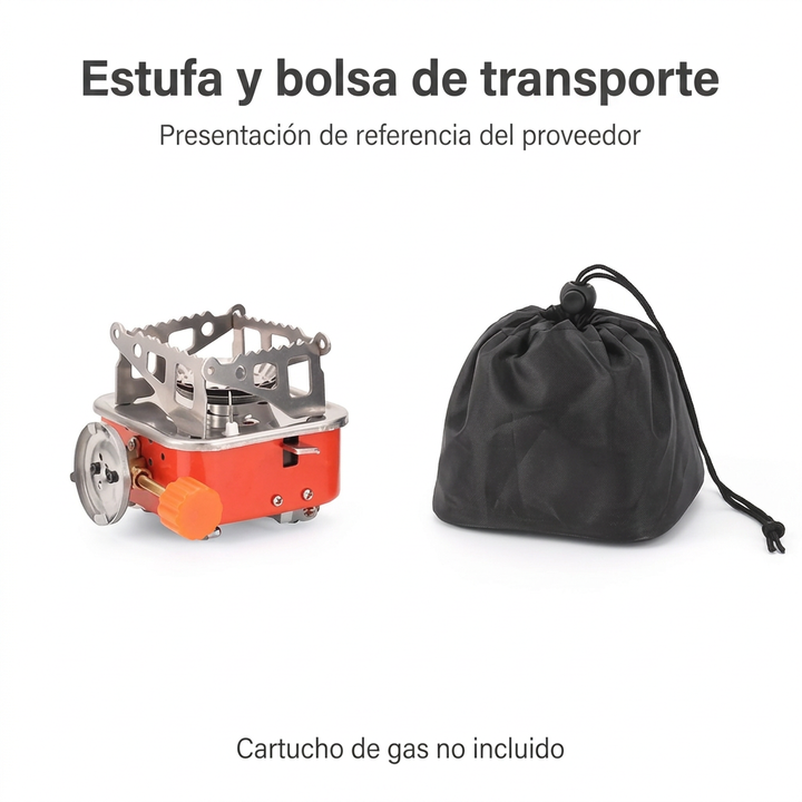 Presentación de referencia del proveedor con estufa plegada y bolsa negra de transporte; cartucho de gas no incluido