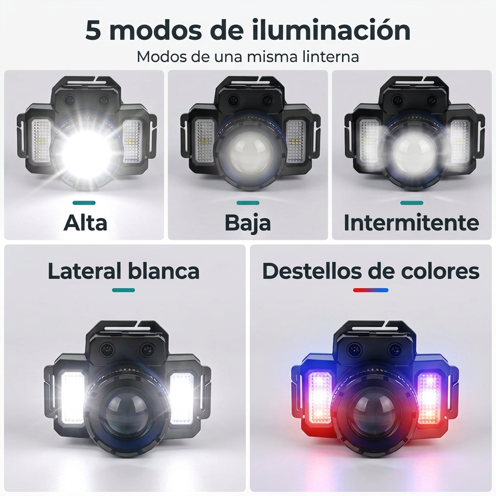 Cinco modos de una misma linterna: alta, baja, intermitente, lateral blanca y destellos de colores