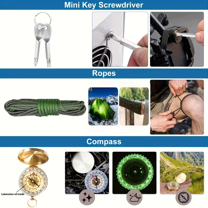 Kit de supervivencia portátil multifunción para camping y senderismo