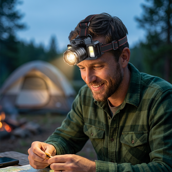 Imagen ilustrativa generada de un adulto con linterna frontal en un campamento