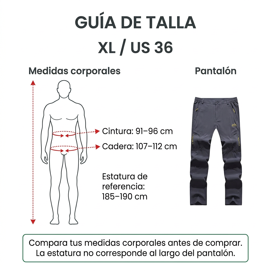 Guía de talla XL US 36: cintura 91 a 96 cm, cadera 107 a 112 cm y estatura de referencia 185 a 190 cm