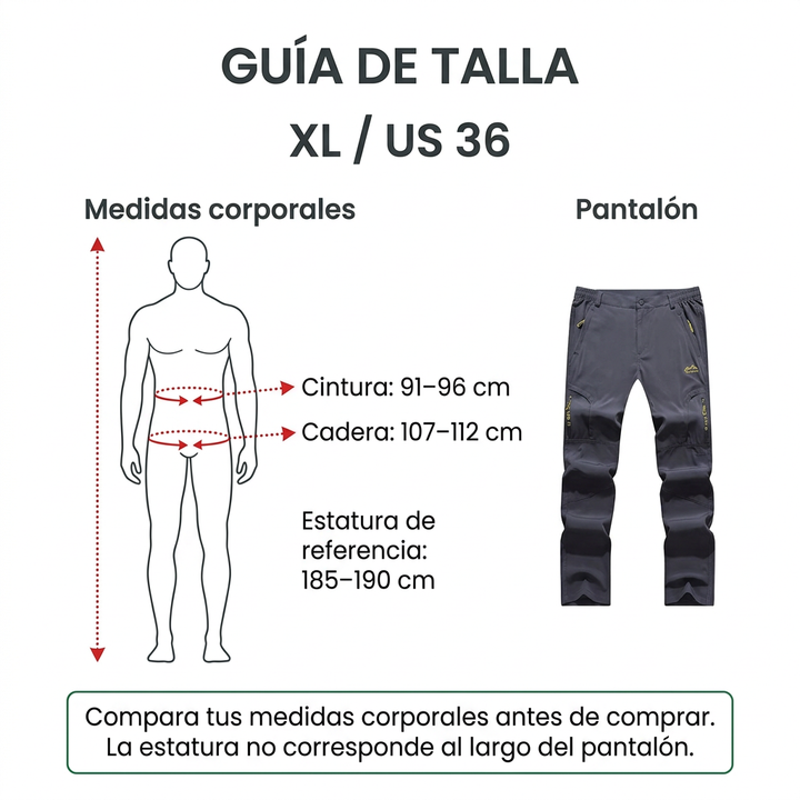 Guía de talla XL US 36: cintura 91 a 96 cm, cadera 107 a 112 cm y estatura de referencia 185 a 190 cm