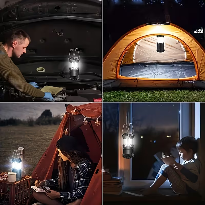 Farol LED portátil en escenas de camping, lectura y mantenimiento