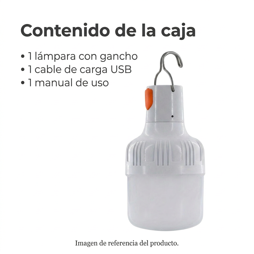 Contenido de la caja: una lámpara con gancho, un cable de carga USB y un manual de uso