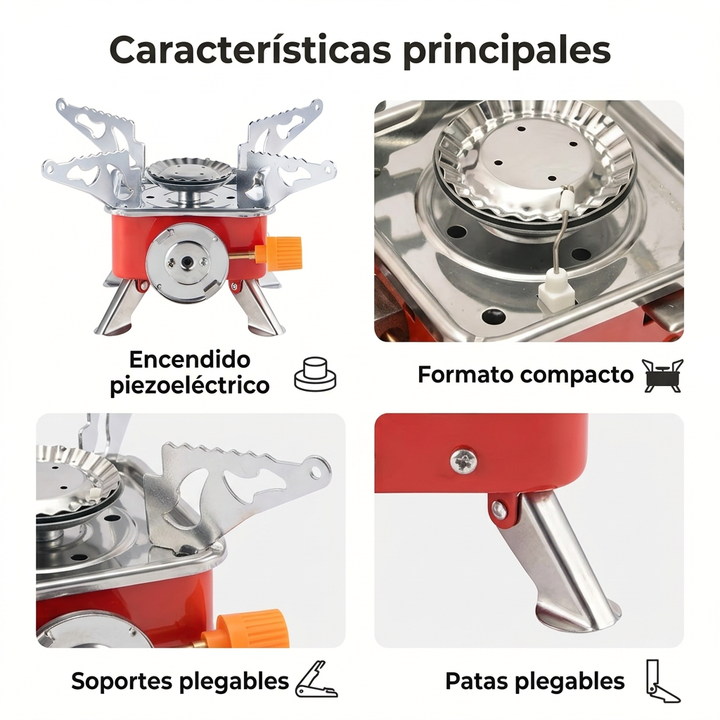 Características en español: encendido piezoeléctrico, soportes plegables, patas plegables y formato compacto