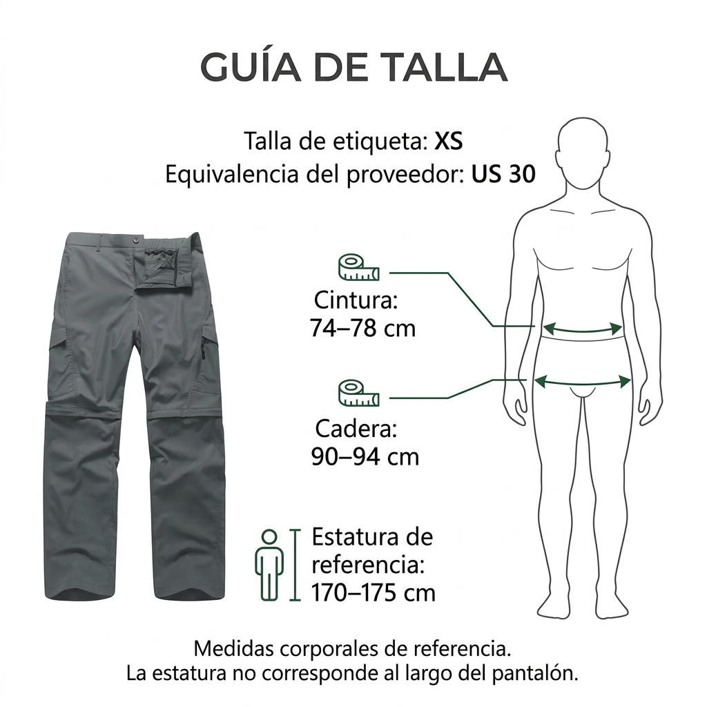 Guía de talla XS equivalente US 30: cintura 74 a 78 cm, cadera 90 a 94 cm y estatura de referencia 170 a 175 cm