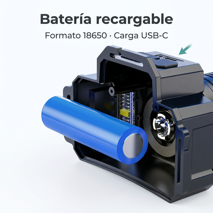 Ilustración de la batería recargable formato 18650 de la linterna frontal