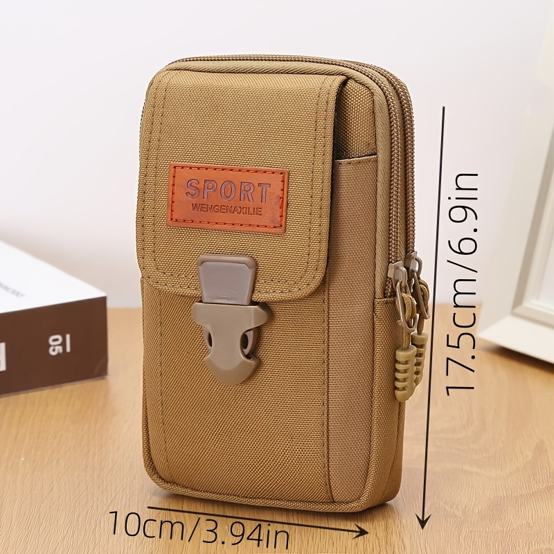 Bolso táctico caqui con medidas exteriores indicadas de 17,5 cm de alto y 10 cm de ancho