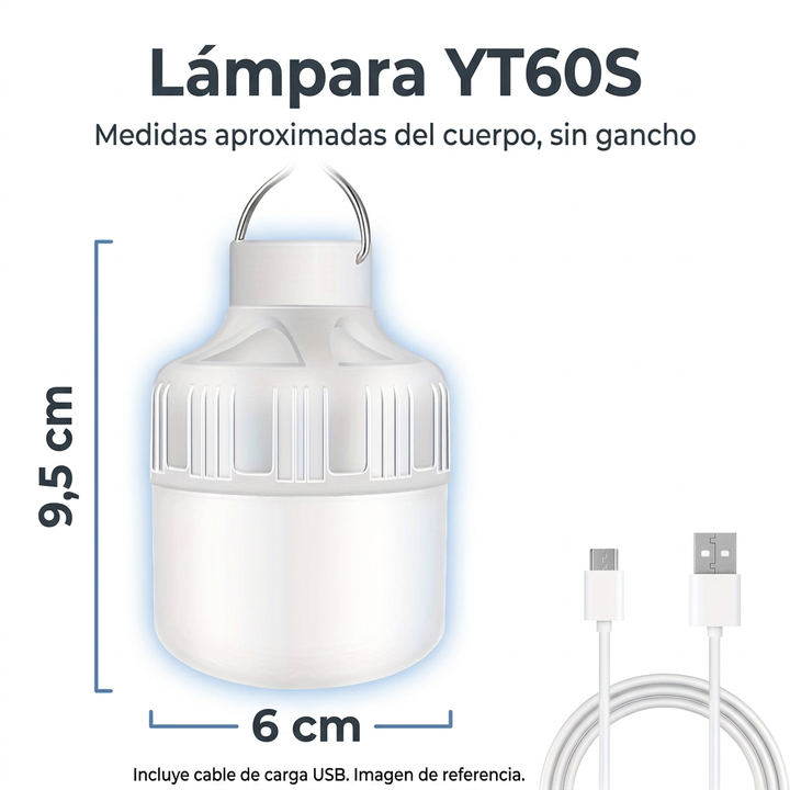 Medidas aproximadas del cuerpo de la lámpara YT60S sin gancho: 9,5 cm de alto y 6 cm de diámetro