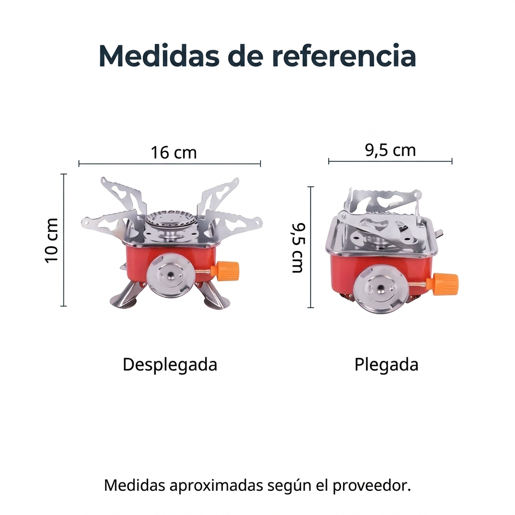 Medidas aproximadas de referencia: desplegada 16 cm de ancho y 10 cm de alto; plegada 9,5 cm de ancho y alto