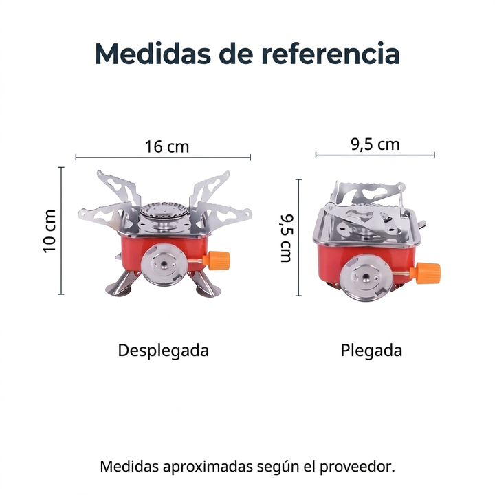Medidas aproximadas de referencia: desplegada 16 cm de ancho y 10 cm de alto; plegada 9,5 cm de ancho y alto