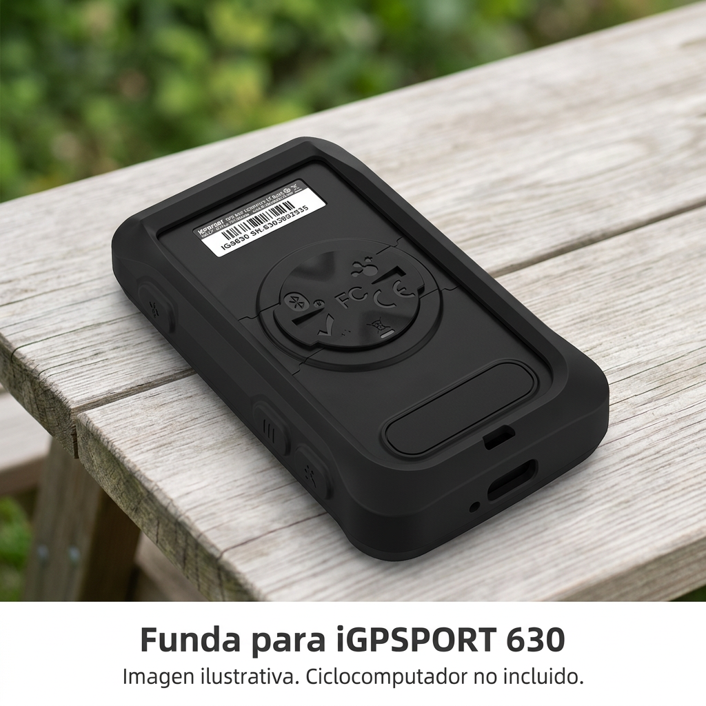 Imagen ilustrativa generada de la funda negra instalada en un iGPSPORT 630, vista posterior sobre una mesa; ciclocomputador no incluido