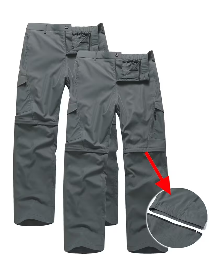 Pantalón gris con detalle de las cremalleras para desmontar las perneras