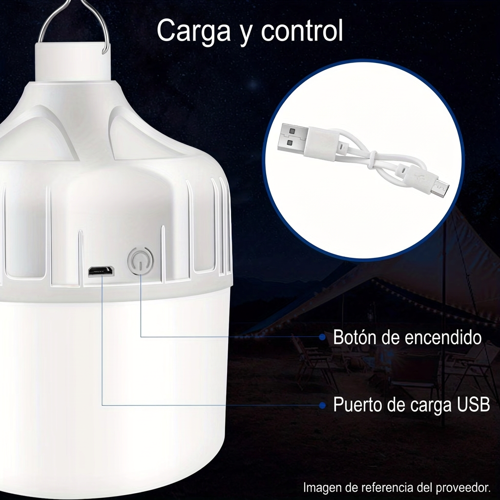 Imagen de referencia con indicaciones en español del botón de encendido y puerto de carga USB