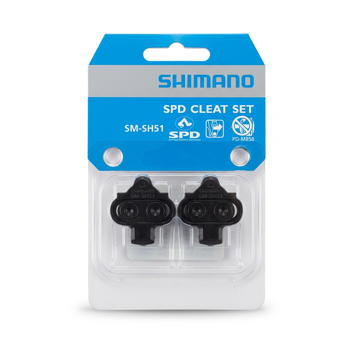 Juego de dos calas negras Shimano SM-SH51 SPD en su empaque sobre fondo blanco