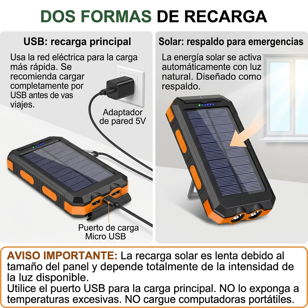 Recarga USB principal y solar de respaldo en español