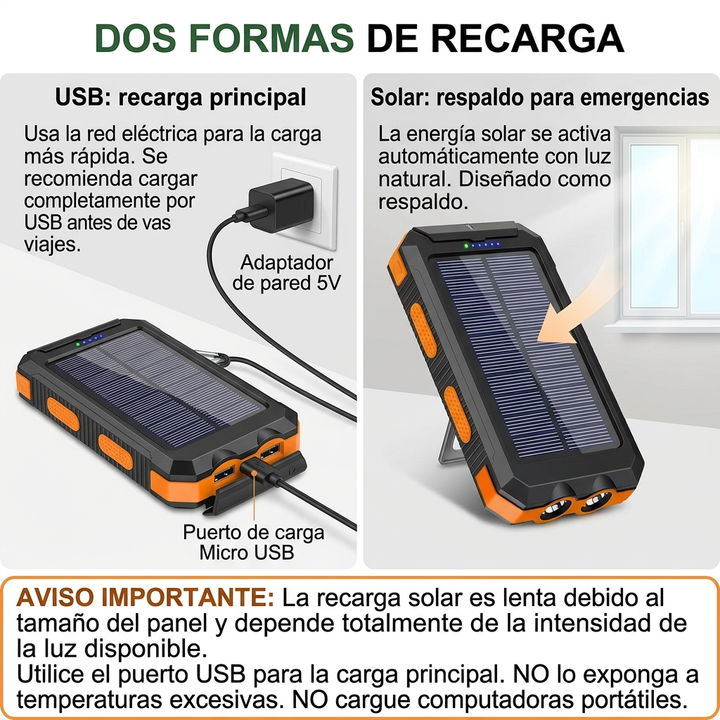 Recarga USB principal y solar de respaldo en español
