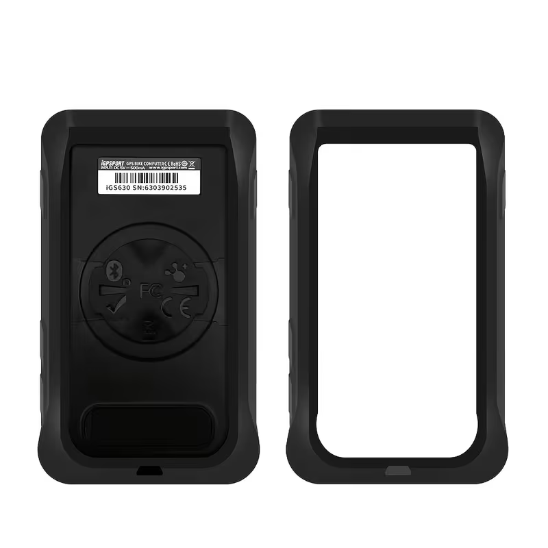 Vista posterior de un iGPSPORT 630 con funda negra y de la funda por separado; ciclocomputador no incluido