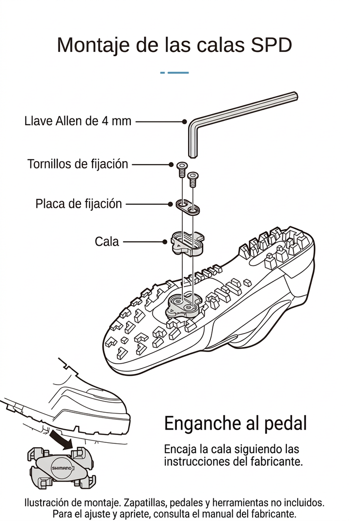 Diagrama en español de montaje de calas SPD con tornillos y placa de fijación; zapatillas, pedales y herramientas no incluidos