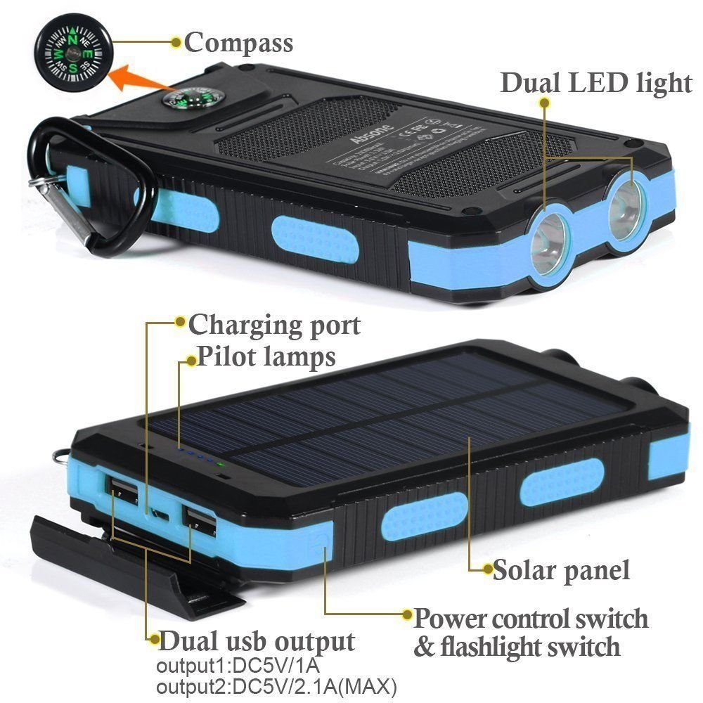 Puertos, linterna LED, brújula y panel solar de la batería externa