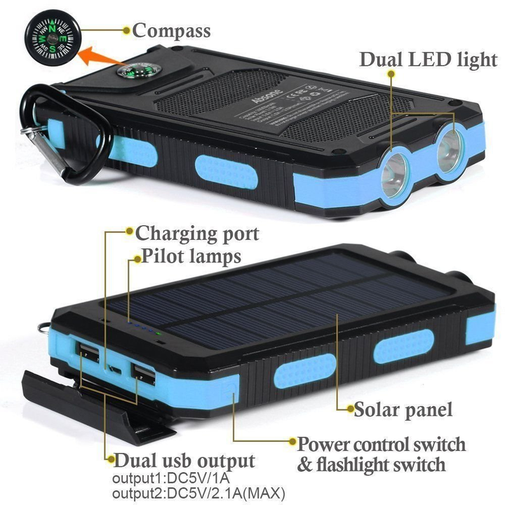 Puertos, linterna LED, brújula y panel solar de la batería externa