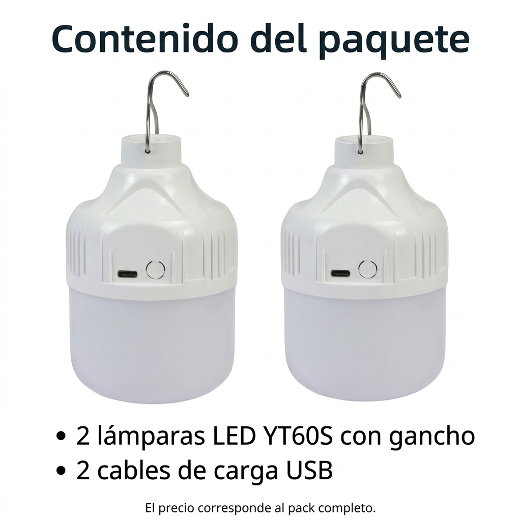 Contenido del paquete: dos lámparas LED YT60S con gancho y dos cables de carga USB