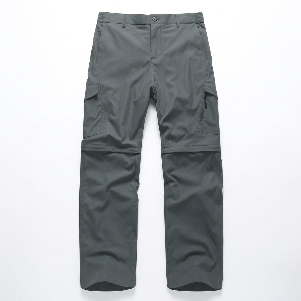Pantalón gris convertible para hombre, vista frontal sobre fondo blanco
