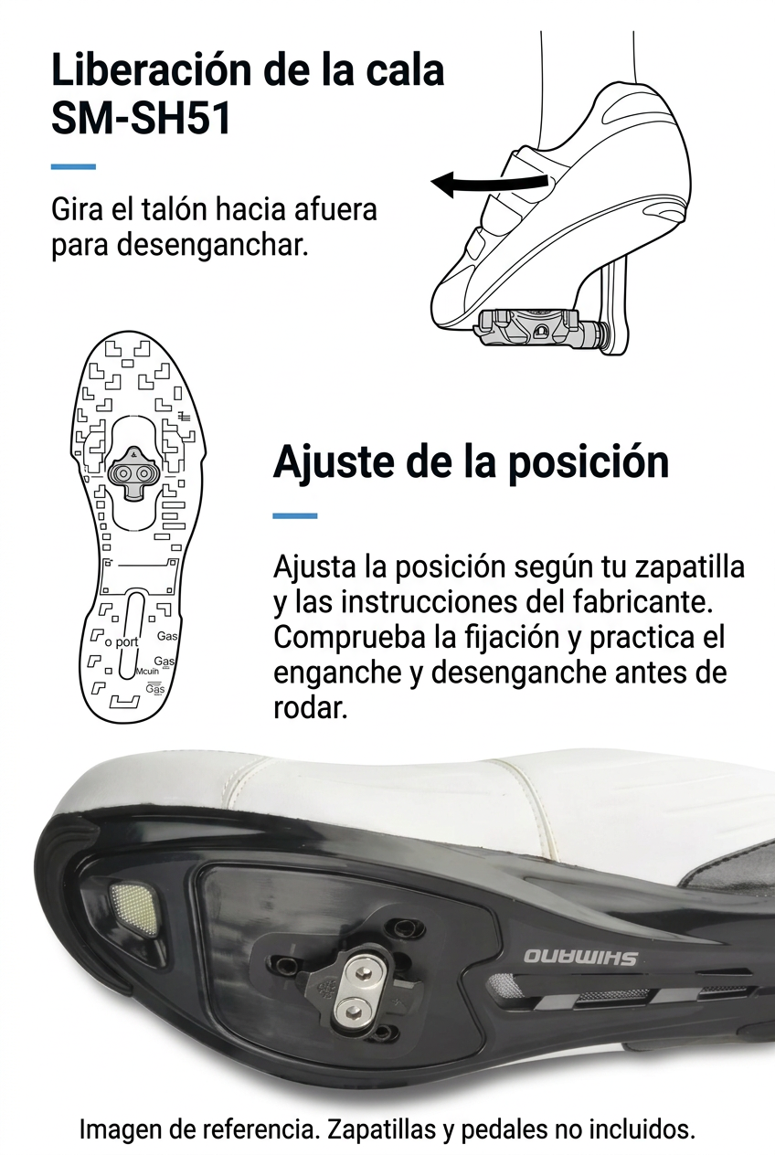 Diagrama en español de liberación SM-SH51 girando el talón hacia afuera y ajuste de posición; zapatillas y pedales no incluidos