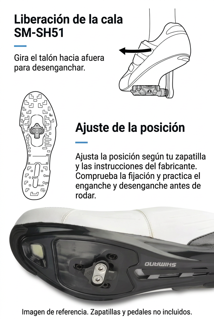 Diagrama en español de liberación SM-SH51 girando el talón hacia afuera y ajuste de posición; zapatillas y pedales no incluidos