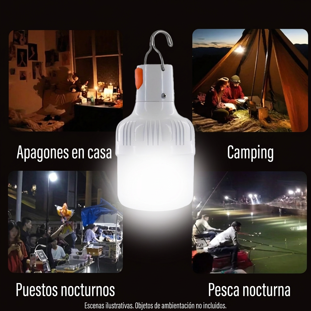 Escenas ilustrativas de uso en apagones, camping, puestos nocturnos y pesca nocturna; objetos de ambientación no incluidos
