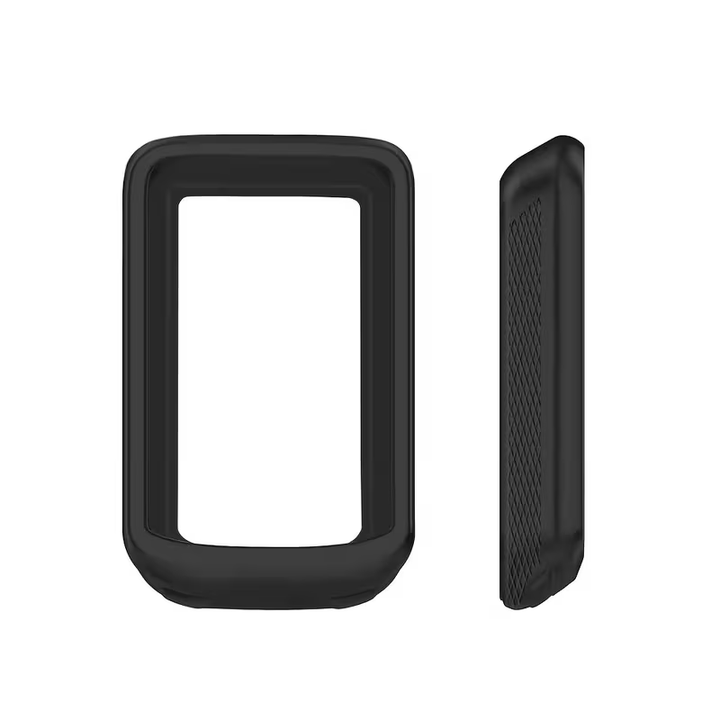 Funda negra de silicona para ciclocomputador, vista frontal y lateral