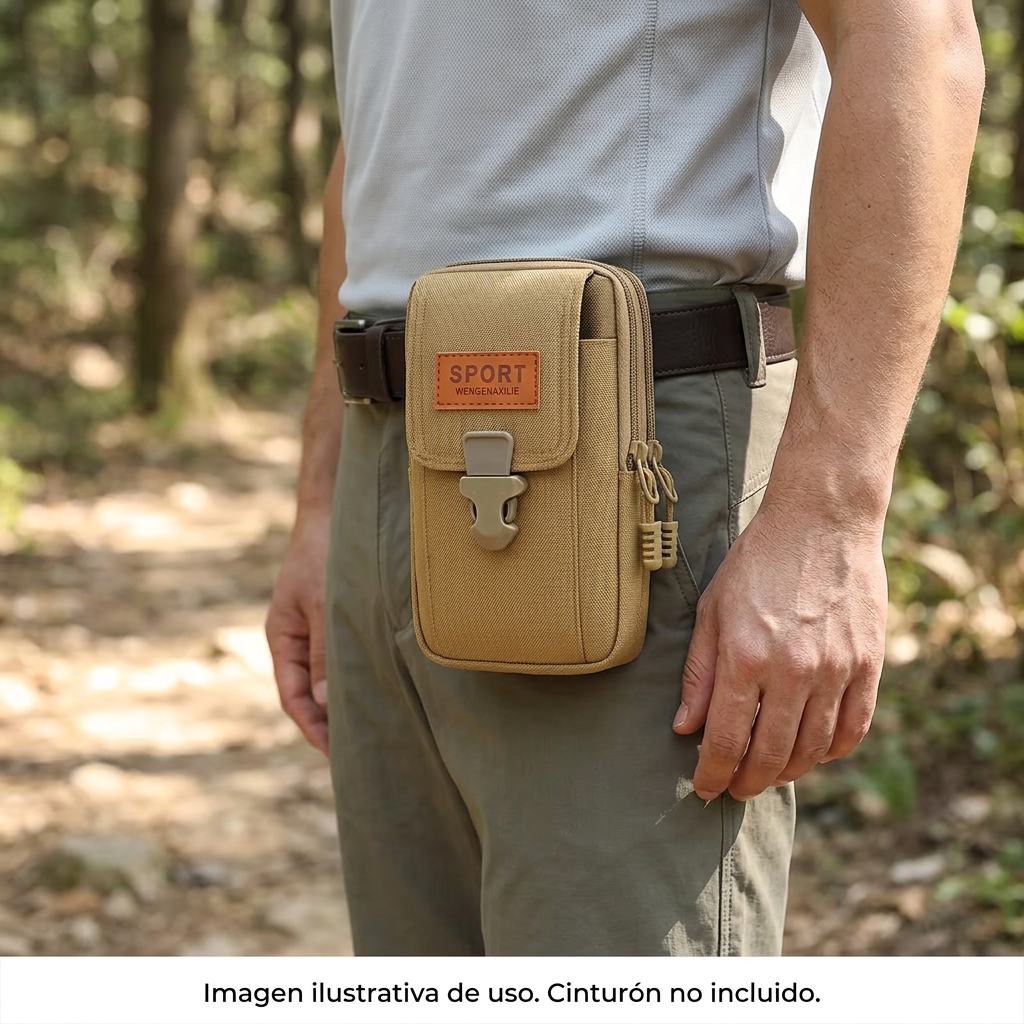 Escena ilustrativa generada de un adulto llevando el bolso caqui al cinturón durante una caminata; cinturón no incluido