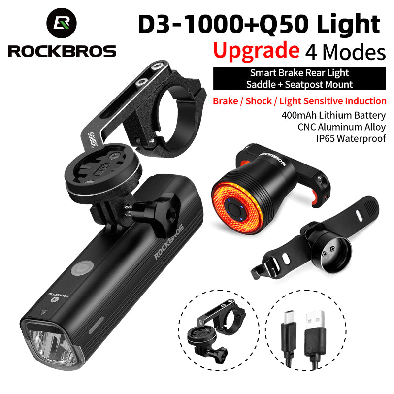 Set de Luces para Bicicleta Rockbros D3-1000+TT30 con Soporte Polifuncional, 1000 lúmens, Bateria 4800mAh. - MAGICAL OUTDOOR